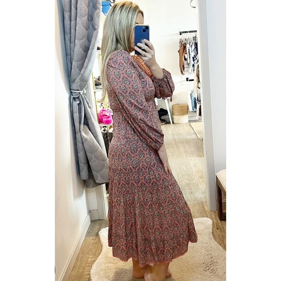 Max Studio Long Sleeve V Neck Printed Midi Dress Maroon Red Small - Picture 2 of 11